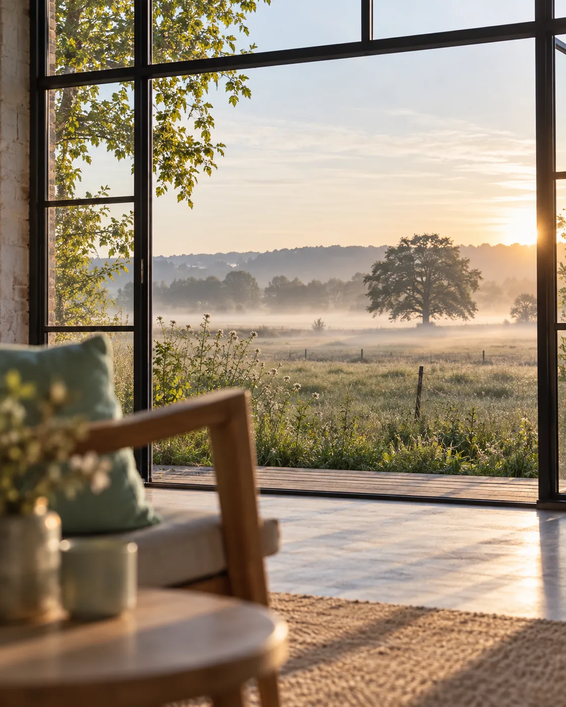 Uitzicht vanuit de lesruimte over het veld bij ochtendlicht