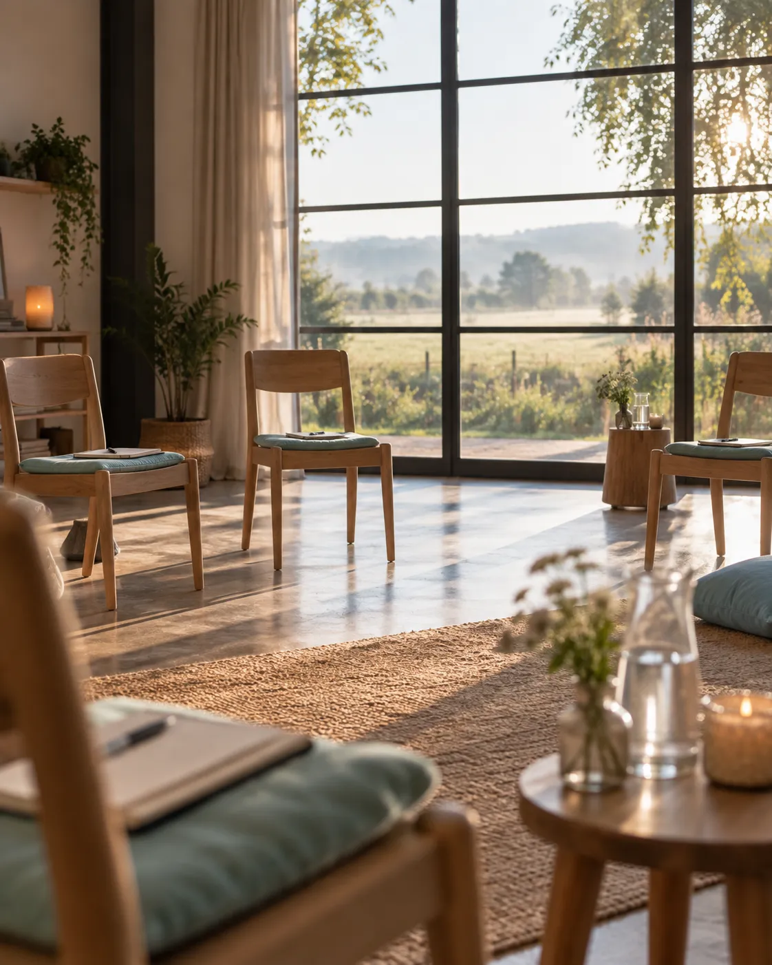 De lesruimte tijdens een pauze, met cursusmappen op de stoelen